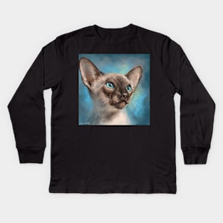 Close Up Painting of a Gorgeous Siamese Cat with Blue Eyes and Blue Background Kids Long Sleeve T-Shirt